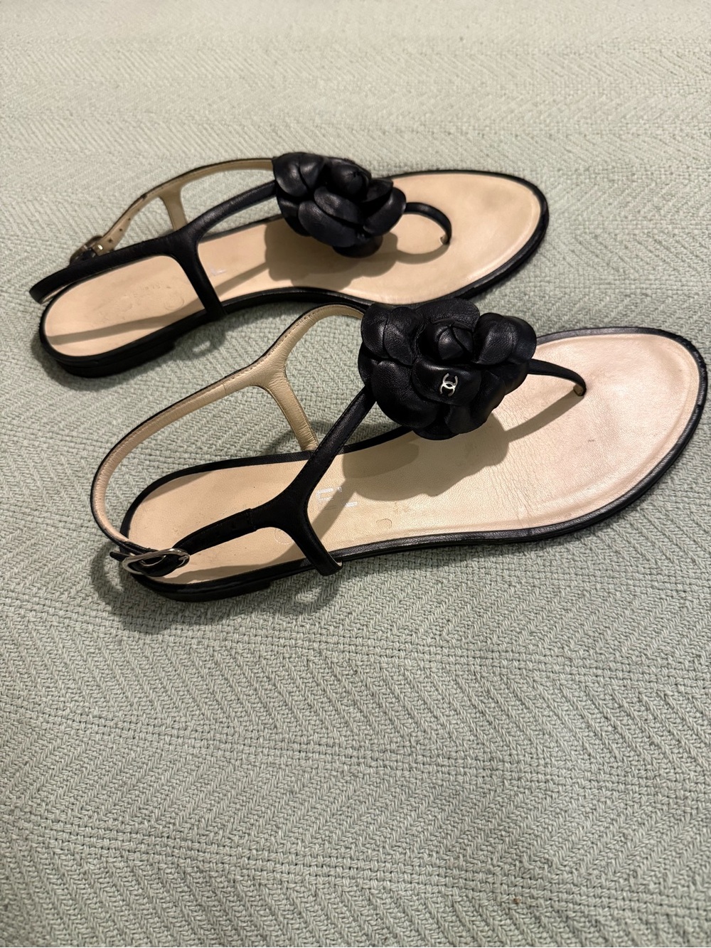 CHANEL Black Camellia Leather T-Strap Sandals
